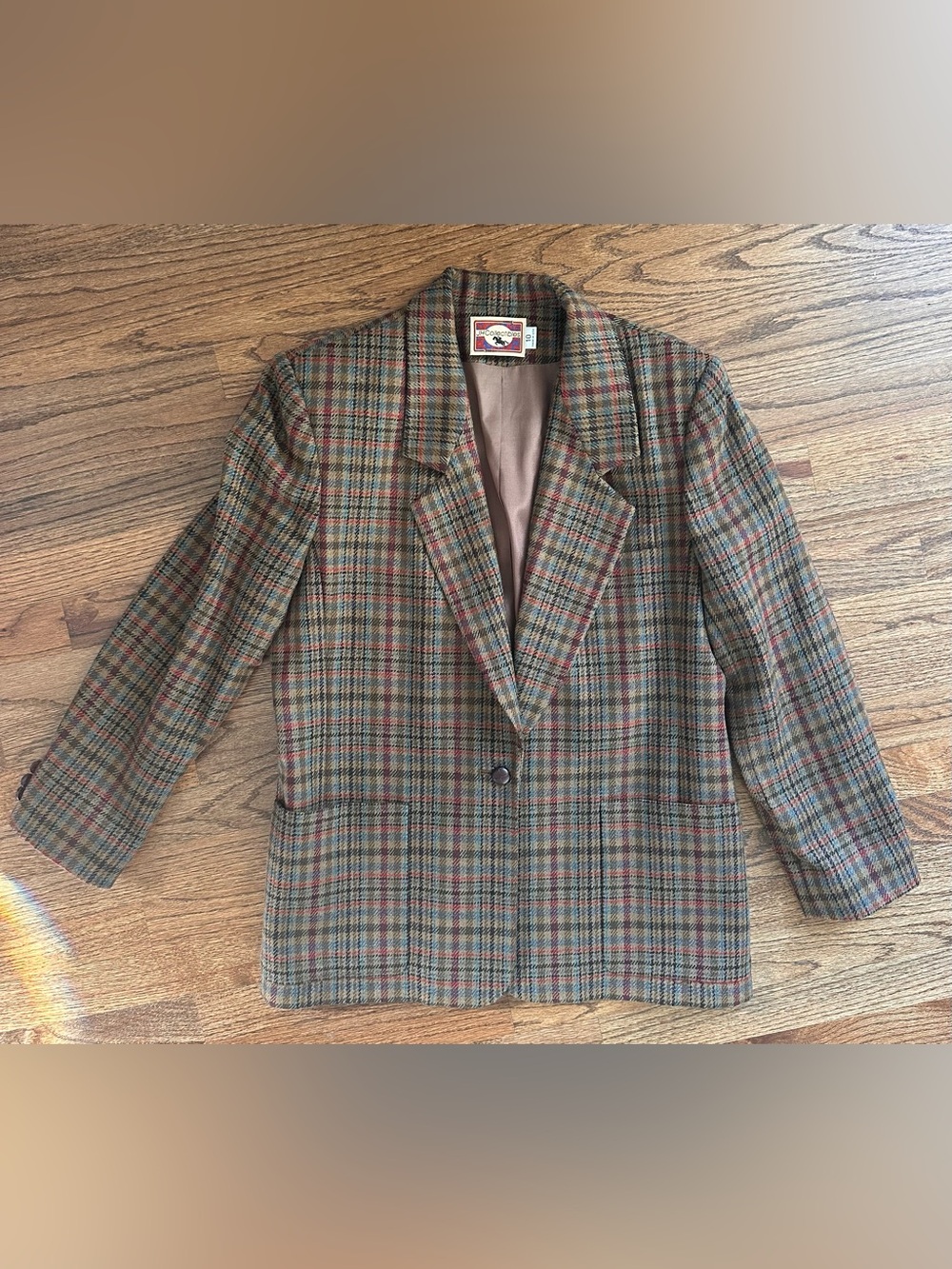 VTG JH Collectibles Tan Brown Maroon Plaid Wool Lined Blazer Jacket USA sz 10